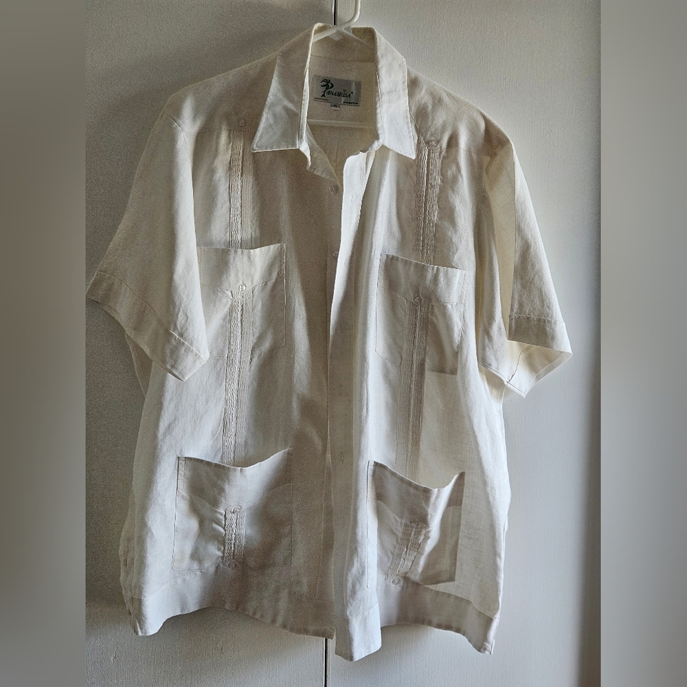 Panabrisa Men's Cream Casual Button Down Shirt short Sleeves front Packets Sz XL